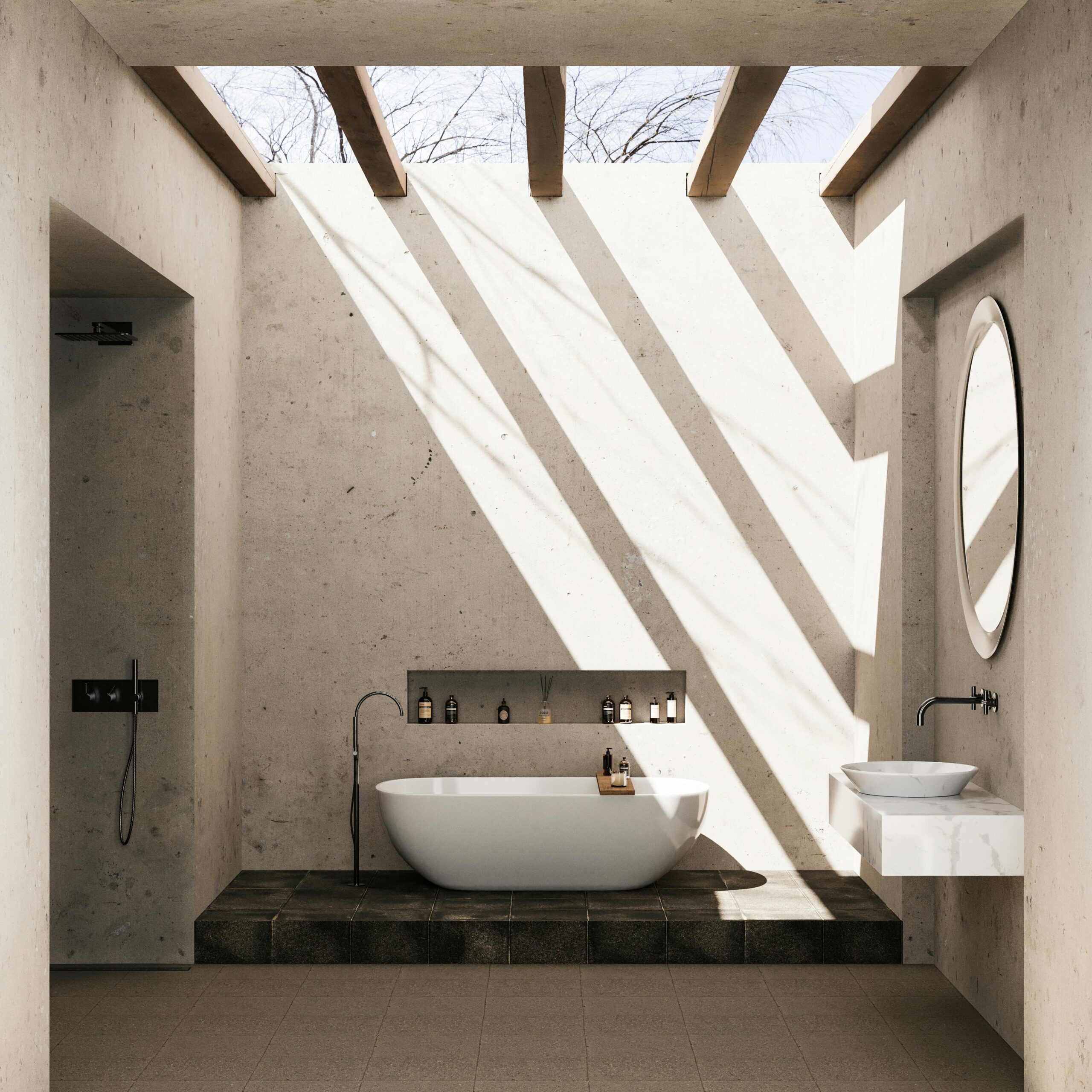 Elegant bathroom design featuring concrete walls, bathtub, and natural lighting.